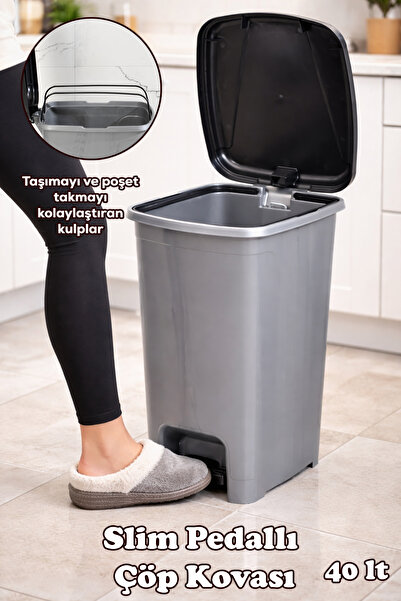 Porsima 0122 Pedallı Metalize Banyo Mutfak Çöp Kovası Siyah Kapaklı Slim Peda...