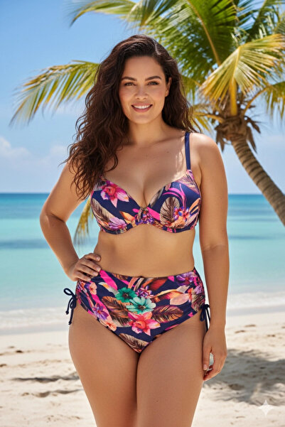 hazelin Women's Navy Blue Leaf Patterned High Waist Plus Size Bikini Suit Hzl...