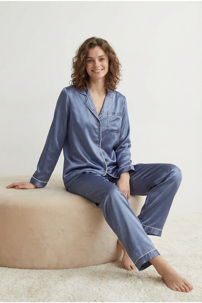 Espuar Women's Piping Detailed Satin Bottom Top Buttoned Long Sleeve Pajama S...