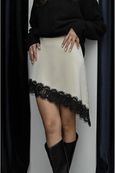 My Blog Beige Asymmetrical Cut Lace Detailed Mini Satin Skirt - 50227