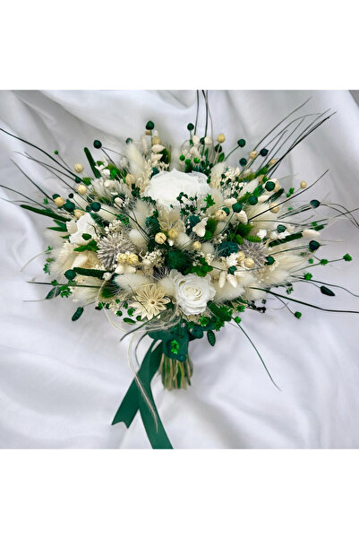 Eventissimi Buchet alb verde smarald cu trandafiri criogenati si plante uscat...