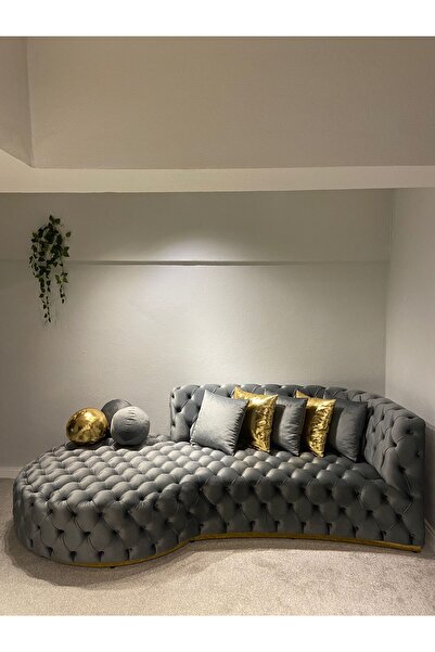 BAYTARZ KOLTUK AKSESUAR Chester Gri Kadife Koltuk – Altın Detaylı, Kapitone T...