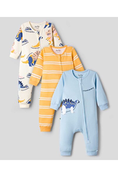 Bonfino جمبسوت قطني 100% بأكمام طويلة، مخطط بنقشة ديناصورات (عبوة من 3 قطع) -...