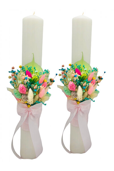 Eventissimi Σετ λαμπάδων γάμου ή βάπτισης με αποξηραμένα φυτά σε απολιθωμένο ...