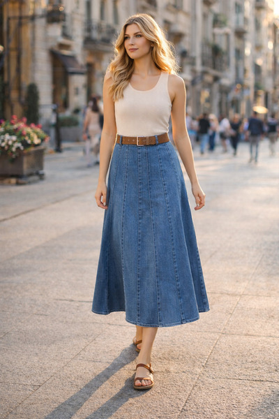 NAUQE Yüksel Bel Midi Kot Etek