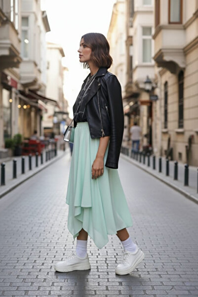 SHE BEST Women's Asymmetrical Banana Crepe Double Layer Comfortable Fit Skirt...