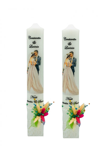 Eventissimi Set lumanari nunta cu flori uscate si silueta mire mireasa multic...