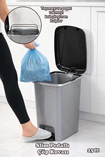 Porsima 0131 Pedallı Metalize Banyo Mutfak Çöp Kovası Siyah Kapaklı Slim Peda...