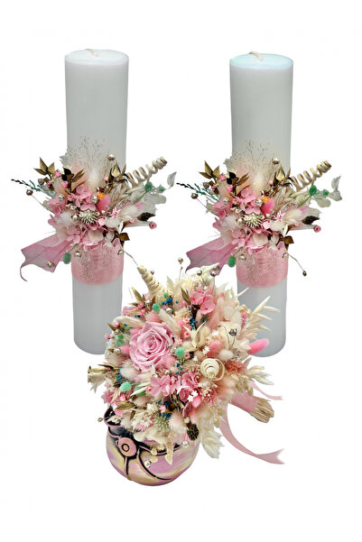 Eventissimi Lumânare cununie/botez – 17 cm, ceară naturală, decor: plante usc...