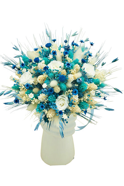 Eventissimi Buchet mediu cu trandafiri si flori uscate bleu alb