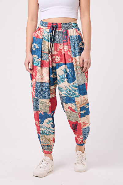 Superbluemexico Women's Street Style Printed Wrinkled Sports Baggy Trousers