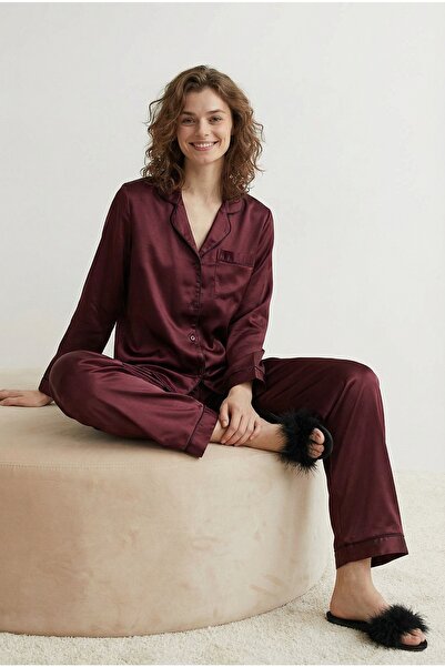 Espuar Women's Piping Detailed Satin Bottom Top Buttoned Long Sleeve Pajama S...