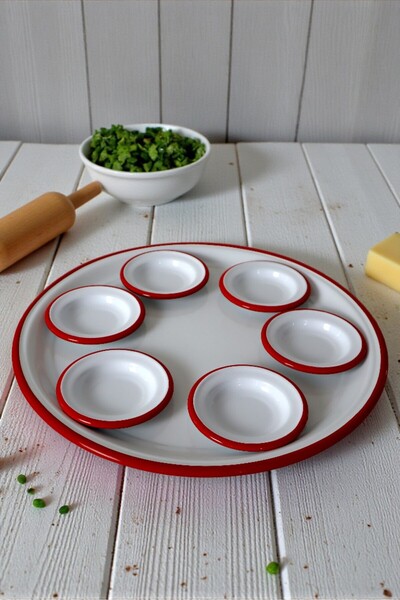 İnci Emaye 7 Piece Red-White Large Size Enamel Breakfast Set, Presentation Pl...