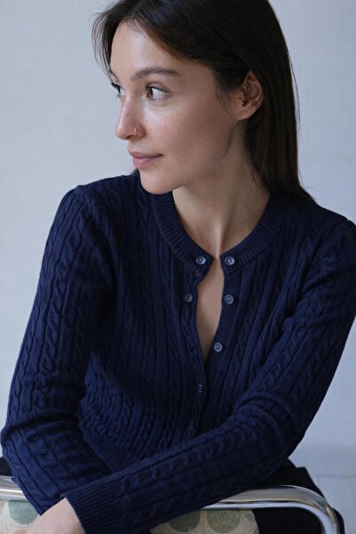 Butik Una Fiaba- Navy Blue Color Knitted Buttoned Women's Knitwear Cardigan