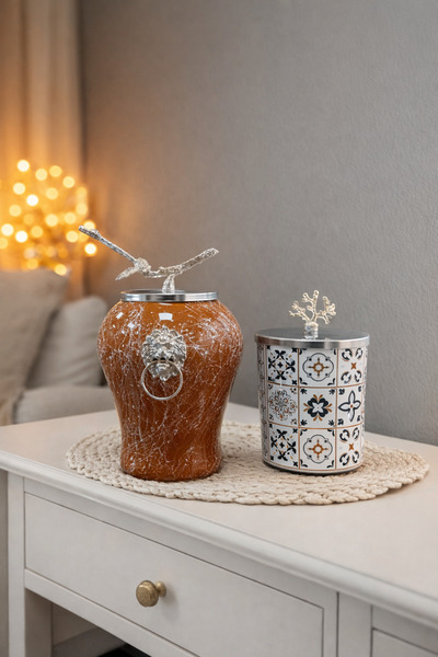 ferayhome Dekoratif Obje Aslanlı Kahverengi Mermer Silindir Ceramic Desen GÜM...