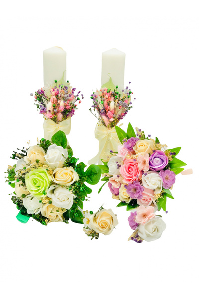 Eventissimi Lumânare cununie/botez – 30 cm, ceară naturală, decor: plante usc...