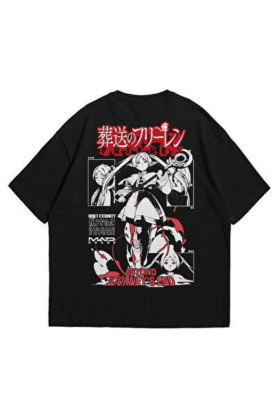 Scrovtie Tricou oversize negru unisex - Tricou cu imprimeu anime Frieren Beyo...