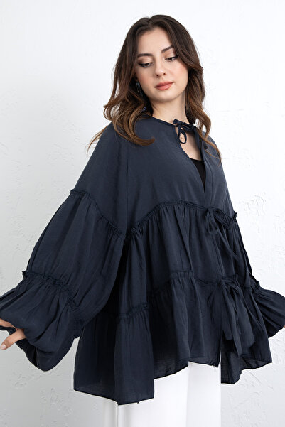Salih Çelebi Lace-Up Layered Blouse 0073 - Dark Blue