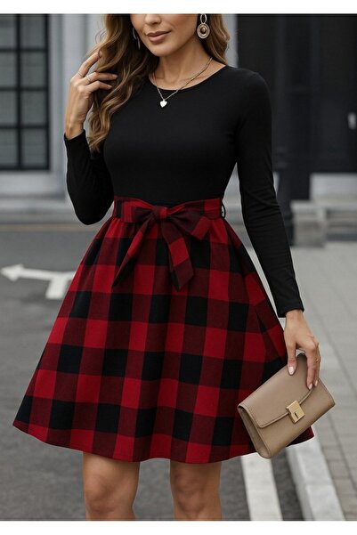 Vyora Rochie scurtă în carouri, cu mânecă lungă, cu decolteu, din viscoză