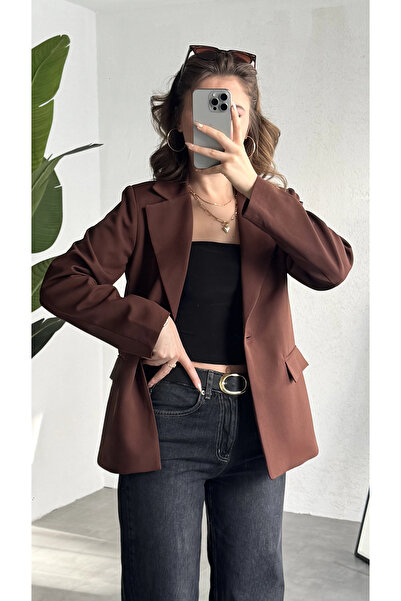 asfamoda سترة نسائية بنية اللون كبيرة الحجم بزر واحد، سترة كلاسيكية للمكتب، س...