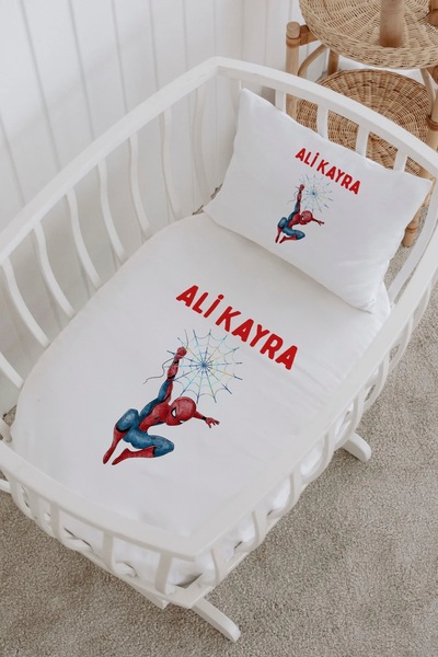 Lilabio İsme Özel %100 Pamuk lastikli Park Yatak Çarşaf Seti (60x120) Örümcek...