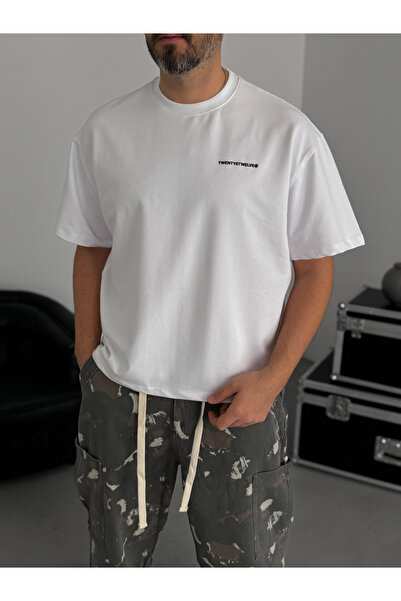 BYBASICMAN Λευκό ανάγλυφο μπλουζάκι με δύο κλωστές σε μεγάλο μέγεθος TW-1066