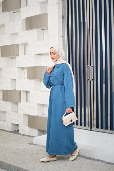 LOCCO Women's Single Pocket Detail Shirt Collar Denim Dress Ice Blue