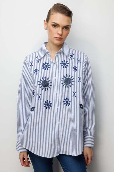 Ekol Taş İşlemeli Desenli Pamuk Gömlek