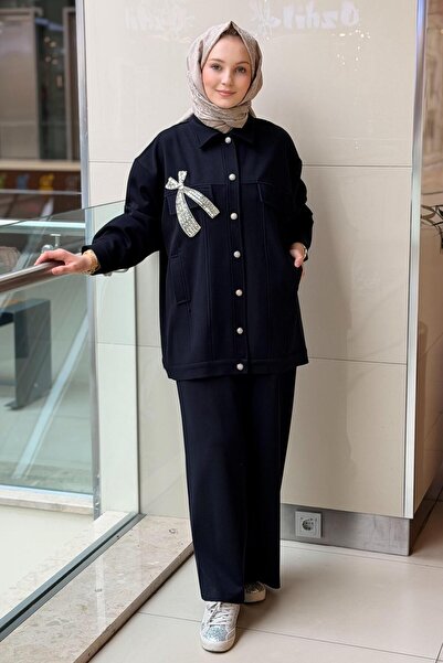 Ghisa Bow Collar Stone Embroidered Cap Trouser Set