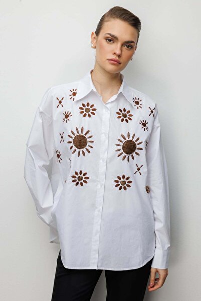 Ekol Taş İşlemeli Desenli Pamuk Gömlek