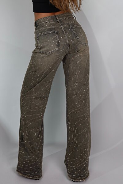 NicoleShop Blugi Wide Leg Maro-Antracit cu Linii Ondulate din Cristale – Dese...