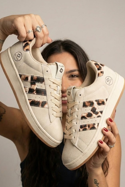 SOLAZER Women's Leopard Patterned Sneaker Casual Beige Sports Shoes