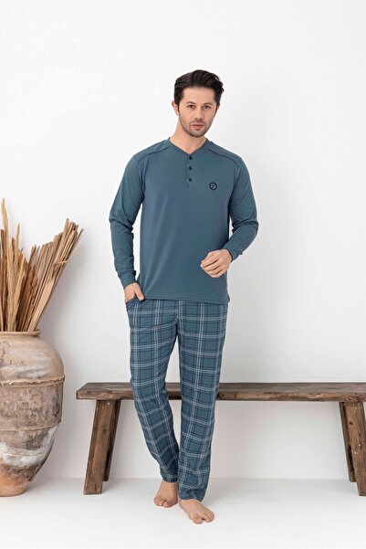 Tarık Ανδρικό σετ πιτζάμες από βαμβακερό πλεκτό με μακρυμάνικο καρό και τετρά...
