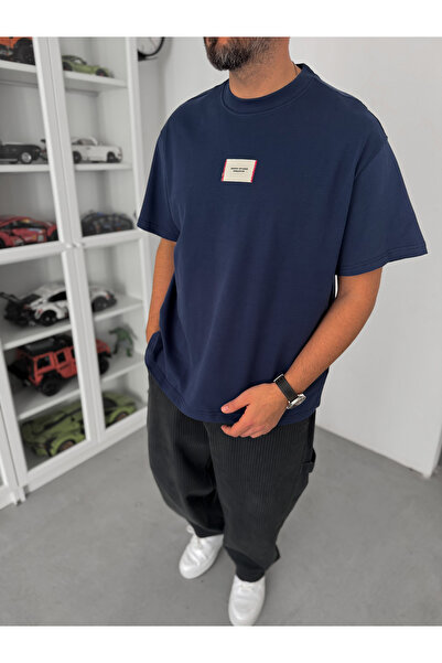 BYBASICMAN Μπλουζάκι Oversize σε Ναυτικό Μπλε με Ψάθινα Μπαλώματα C-023