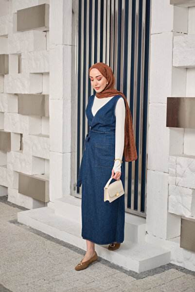 LOCCO Women's Side Tie V Detailed Denim Gilet Navy Blue