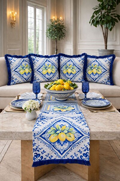 adenkahome Amalfi Limon , Kırlent Kılıfı ve Runner 5'li Kombin