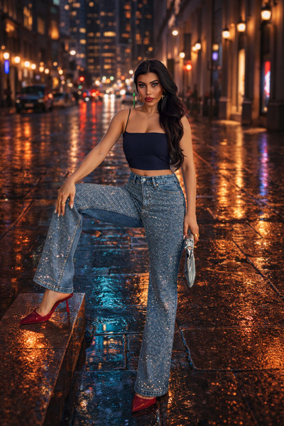 ParlaMira Γυναικείο τζιν παντελόνι Palazzo με λεπτομέρειες από πέτρα και ψηλή...