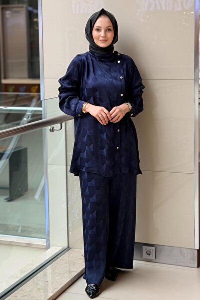 Ghisa Set de pantaloni și cămașă asimetrică cu nasturi, cu model Kensinden