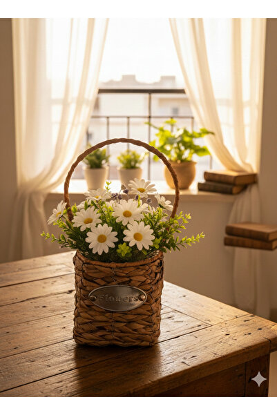 Rwafd Rema سلة قش أنيقة تحتوي على زهور الأقحوان البيضاء الصناعيه