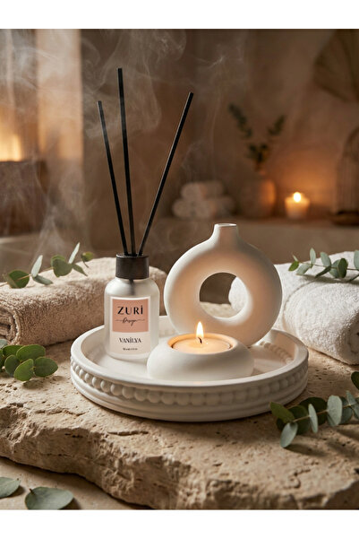 ZURİ DESİGN Vanilya 50 ml Cam Şişe Oda Kokusu Mum ve Beton Biblo Set - Sunum Tepsisi Seti