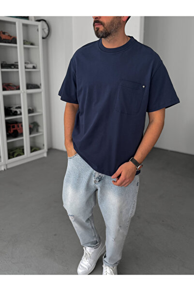 BYBASICMAN Tricou oversize albastru marin cu buzunare, lavabil, C-011