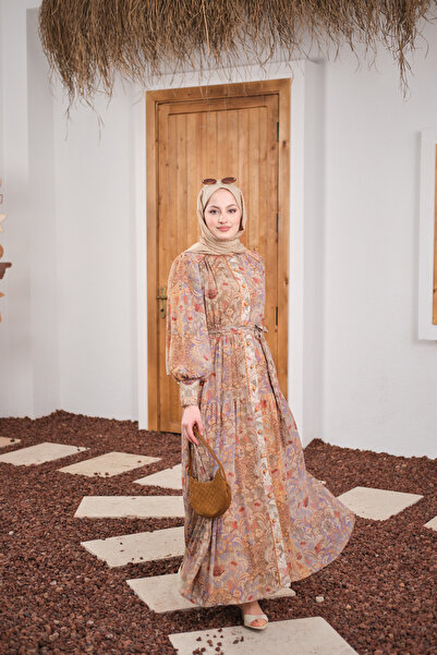 LOCCO Women's Ethnic Pattern Drawstring Belt Detail Chiffon Dress Green