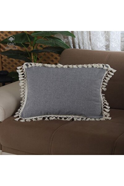 DNC home tekstil Gray Premium Linen Raw Pompom Throw Pillow Cover (43X43)