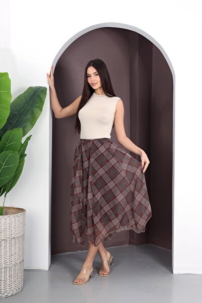 YEK&BİR Square Patterned Chiffon Skirt with Inner Lining and Elastic Waist