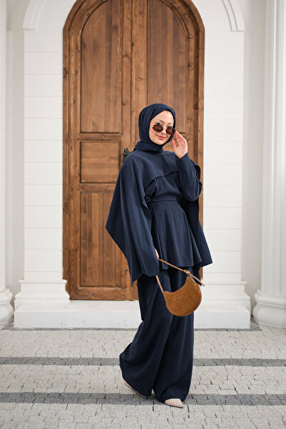 LOCCO Women's Pleated Waist Suit with Detachable Cape Navy Blue