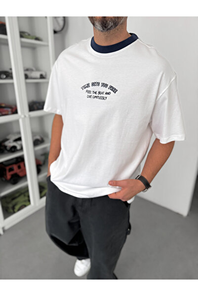 BYBASICMAN Μπλουζάκι Oversize με Κεντημένο Κείμενο σε Ναυτικό Μπλε C-028