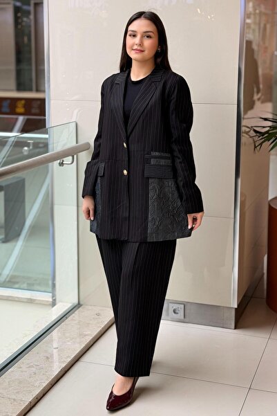 Ghisa Kruvaze Yaka Kırıştırma Kumaş Garnili Çizgili Ceket Pantolon Takım