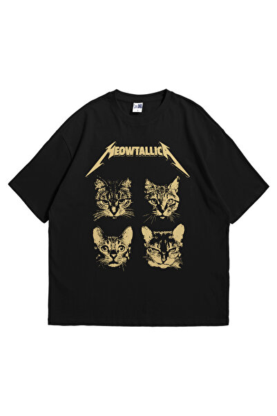 Stadium Unisex Siyah Oversize T-Shirt - Meowtallica Cat Baskılı %100 Pamuk Bi...