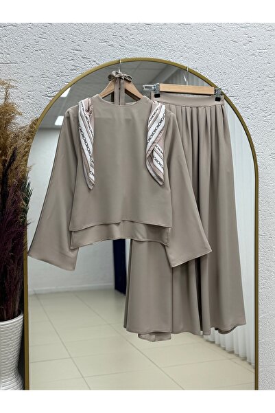 MİHRA STORE Candan Shoulder Scarf Set with Short Front and Long Back Skirt-Şa...