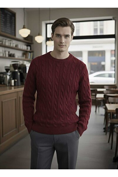 citystyle Men's Knitwear Sweater Claret Red Long Sleeve Hair Braided Round Ne...